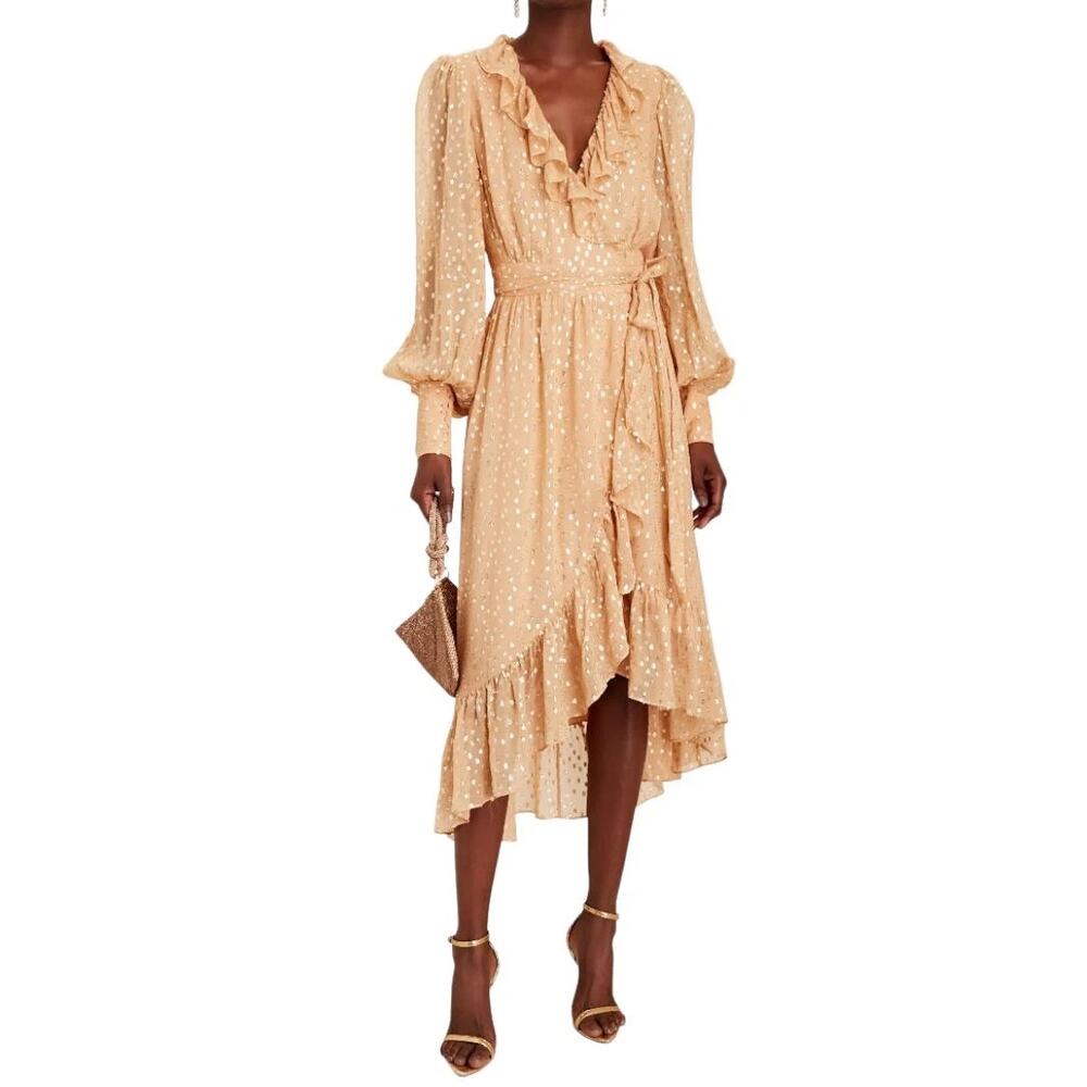 Zimmermann Lurex Wrap Midi Dress Caramel‎ Size US 4